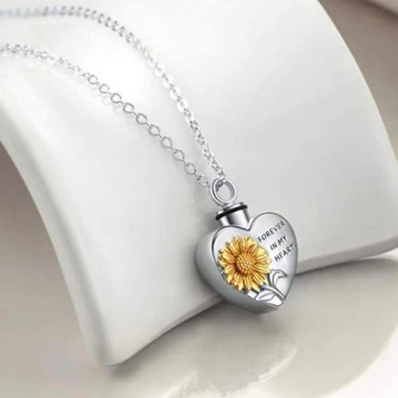 Heart Sunflower Cremation Ash Pendant Memorial Keepsake Urn Necklace - Picture 2 of 5